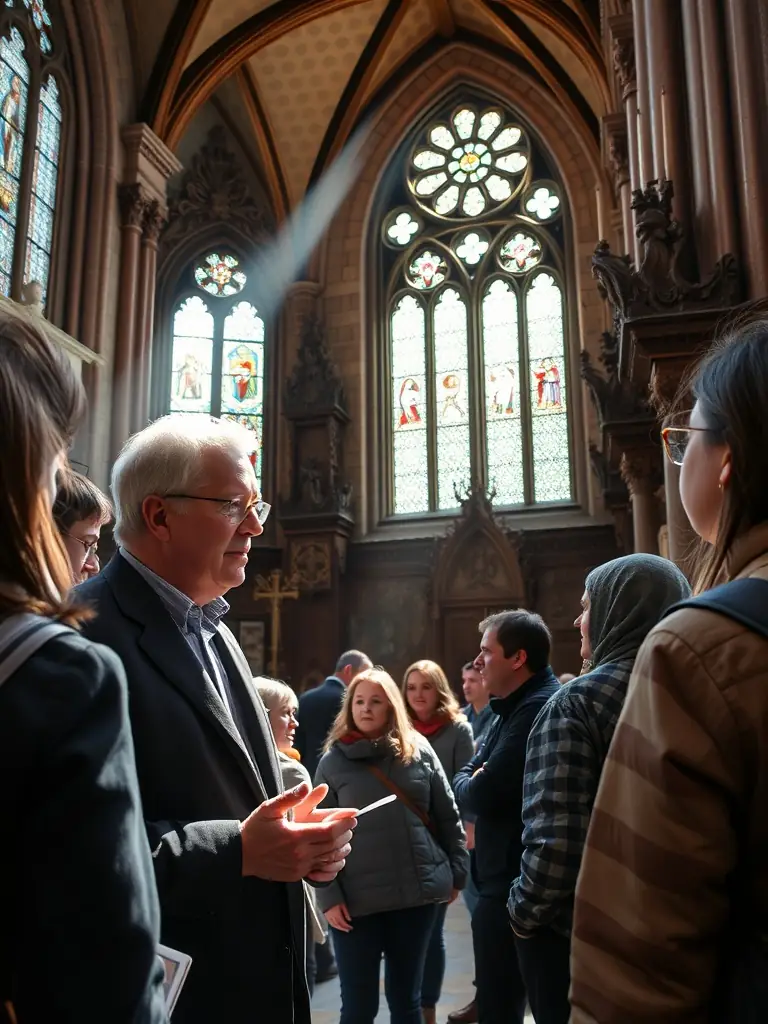 A photograph showing a guided tour of the Saint-Martin church, with a knowledgeable guide explaining the church's history and significance to a group of visitors.