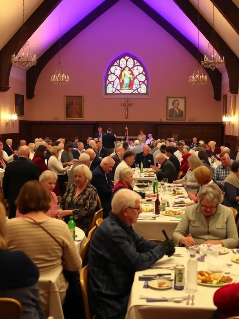 A photograph capturing a fundraising event held in the church, with community members participating in a dinner and auction to support the association's restoration efforts.