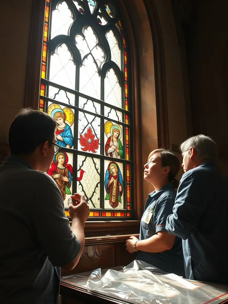 A photograph depicting volunteers cleaning and restoring a stained glass window in the Saint-Martin church, showcasing the meticulous work involved in preserving the church's artistic heritage.