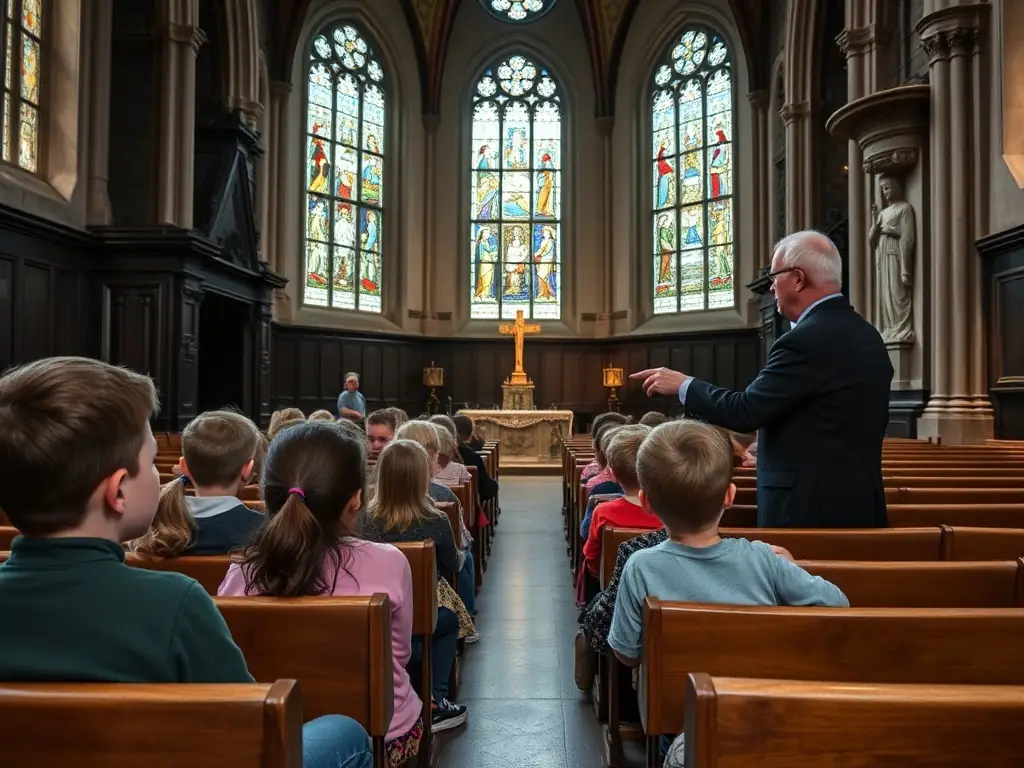 A photograph depicting children on a guided tour of the Saint-Martin church, listening attentively to a historian explaining the church's significance. The image should emphasize the educational aspect of the association's work.
