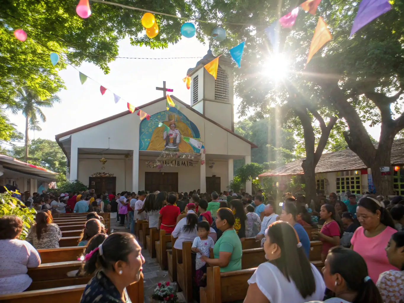A photograph showing a community event held at the Saint-Martin church, with people of all ages participating in a cultural activity. The image should highlight the church as a gathering place and a symbol of community unity.