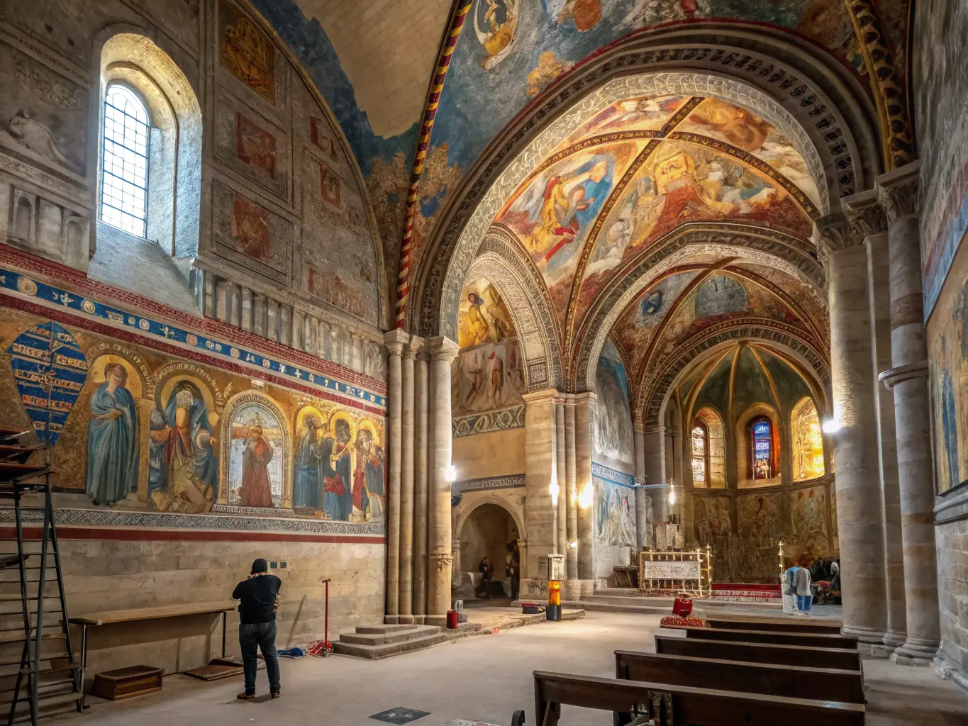 A photograph illustrating the interior restoration of the church, highlighting the repainting of frescoes and the repair of ornate decorations.