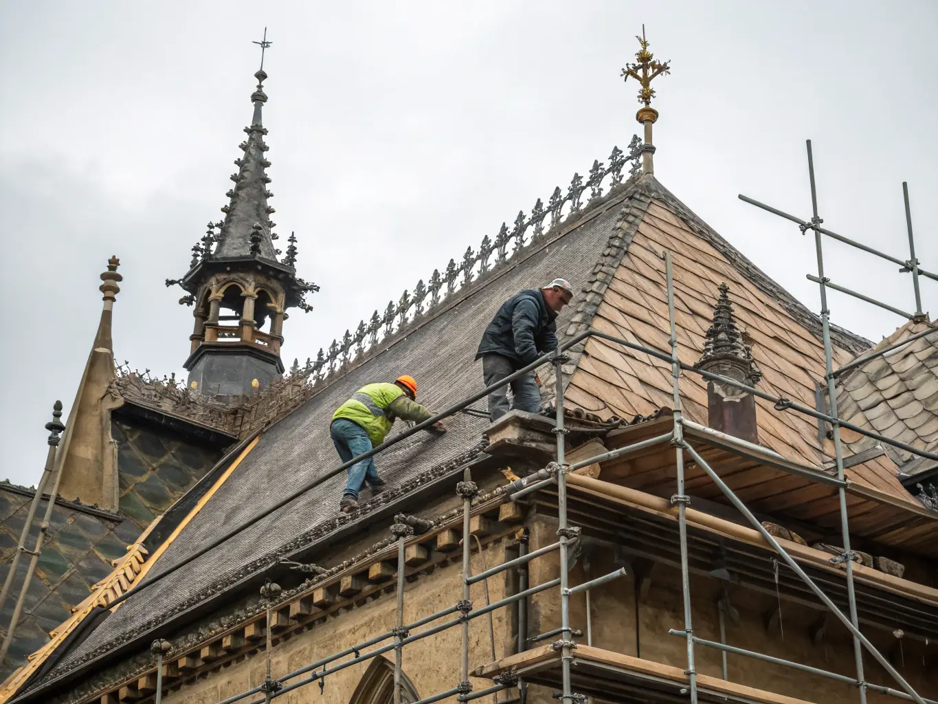 A photograph capturing the restoration of the church's bell tower, showing workers reinforcing the structure and cleaning the stone facade.